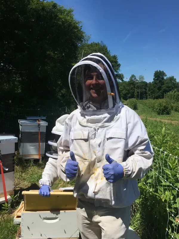 James in a beekeeper suit surrounded by honeybees.